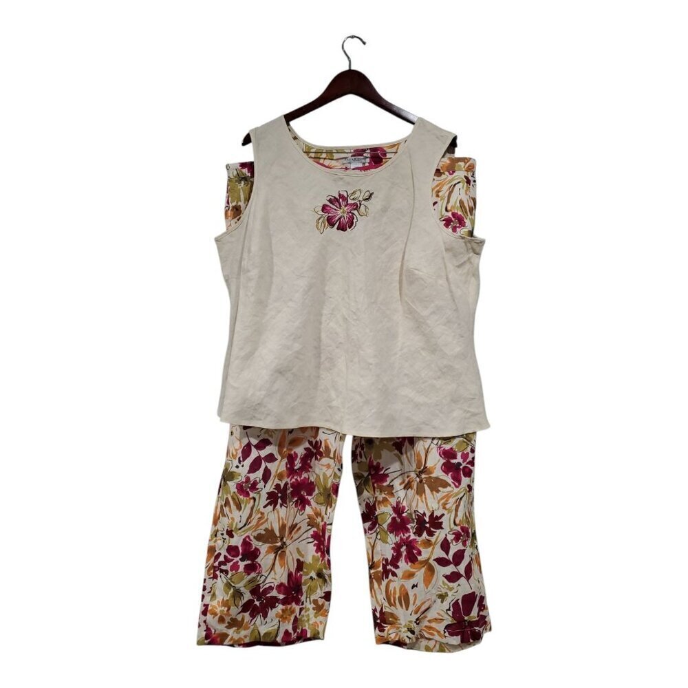 Jillian Jones Woman 24W 100% Linen 2 Piece Outfit Set Floral Pants Embroidered